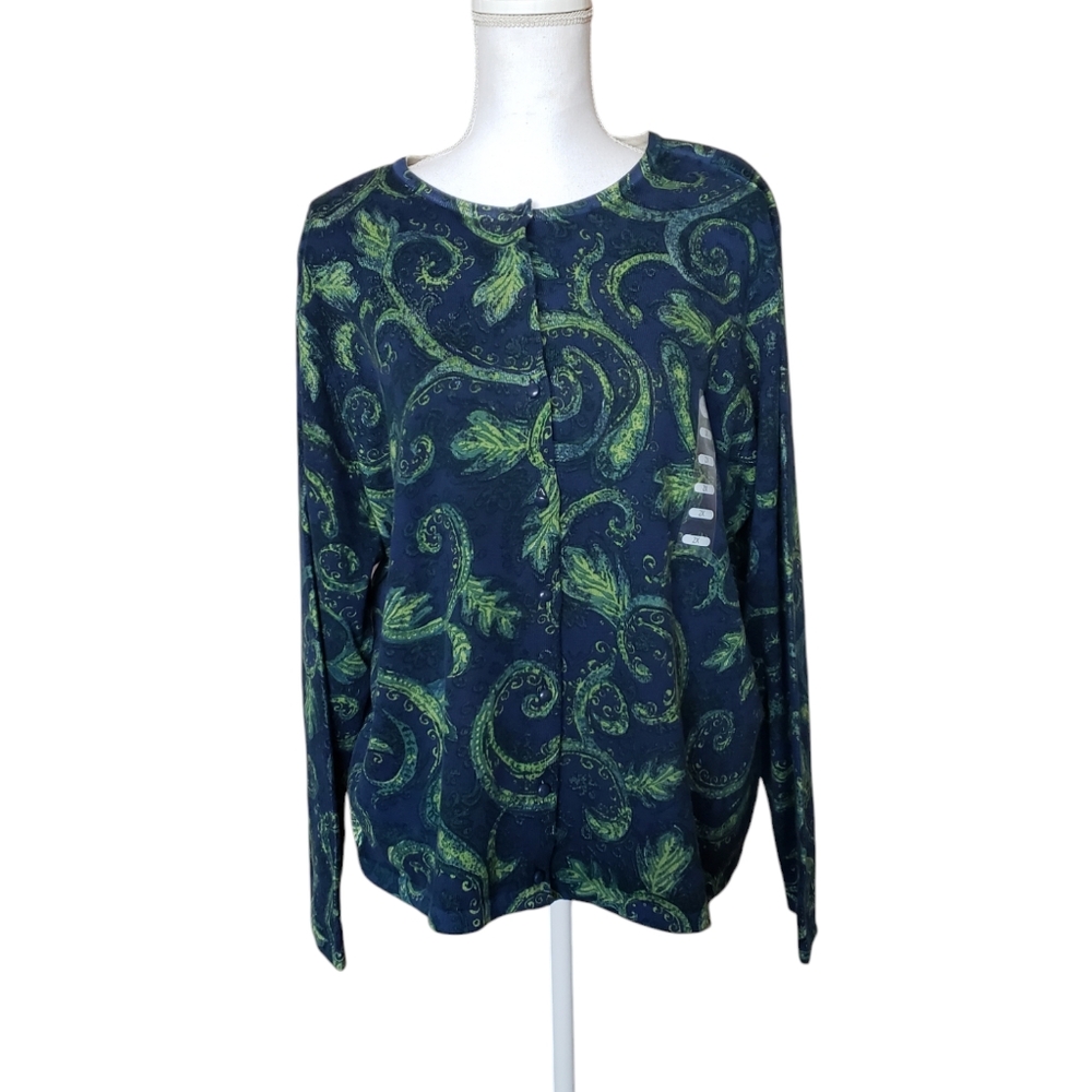NWT Studio Works 2X Women's Cardigan Sweater Paisley Blue Green Cottage Grunge